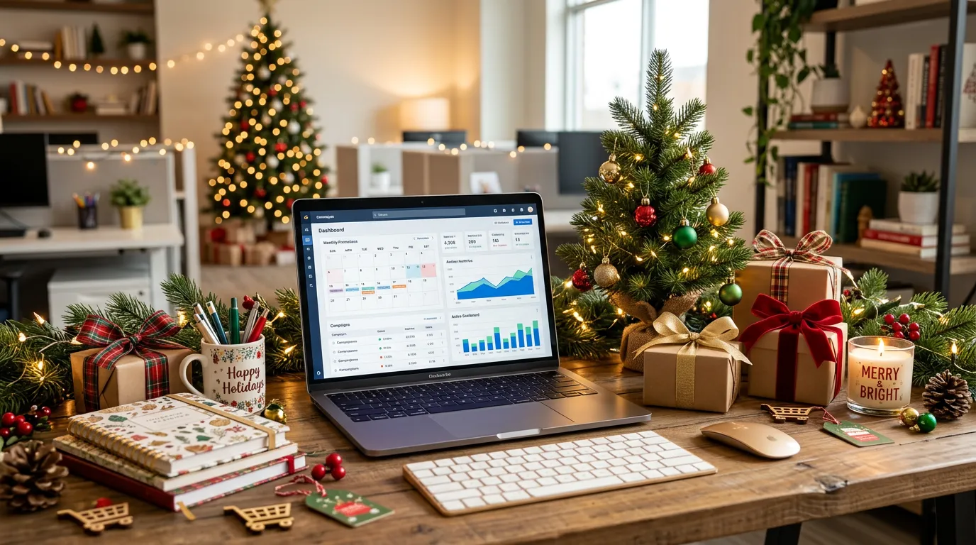 Festive holiday-themed digital marketing workspace showing shopping cart icons, gift boxes, and seasonal decorations around laptop displaying sales metrics and promotions calendar, modern office setti