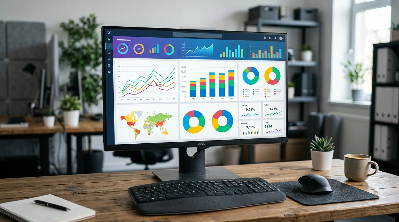 Digital marketing analytics dashboard on computer screen with colorful charts and performance metrics, keyboard and mouse, professional office environment