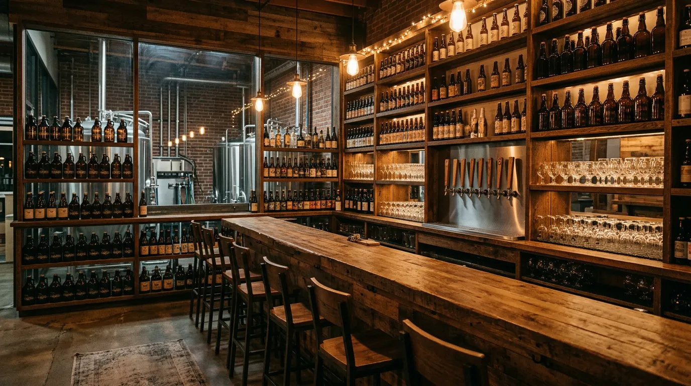 Craft brewery taproom interior with craft beer bottles and glasses on display shelves, wood and stainless steel, warm ambient lighting