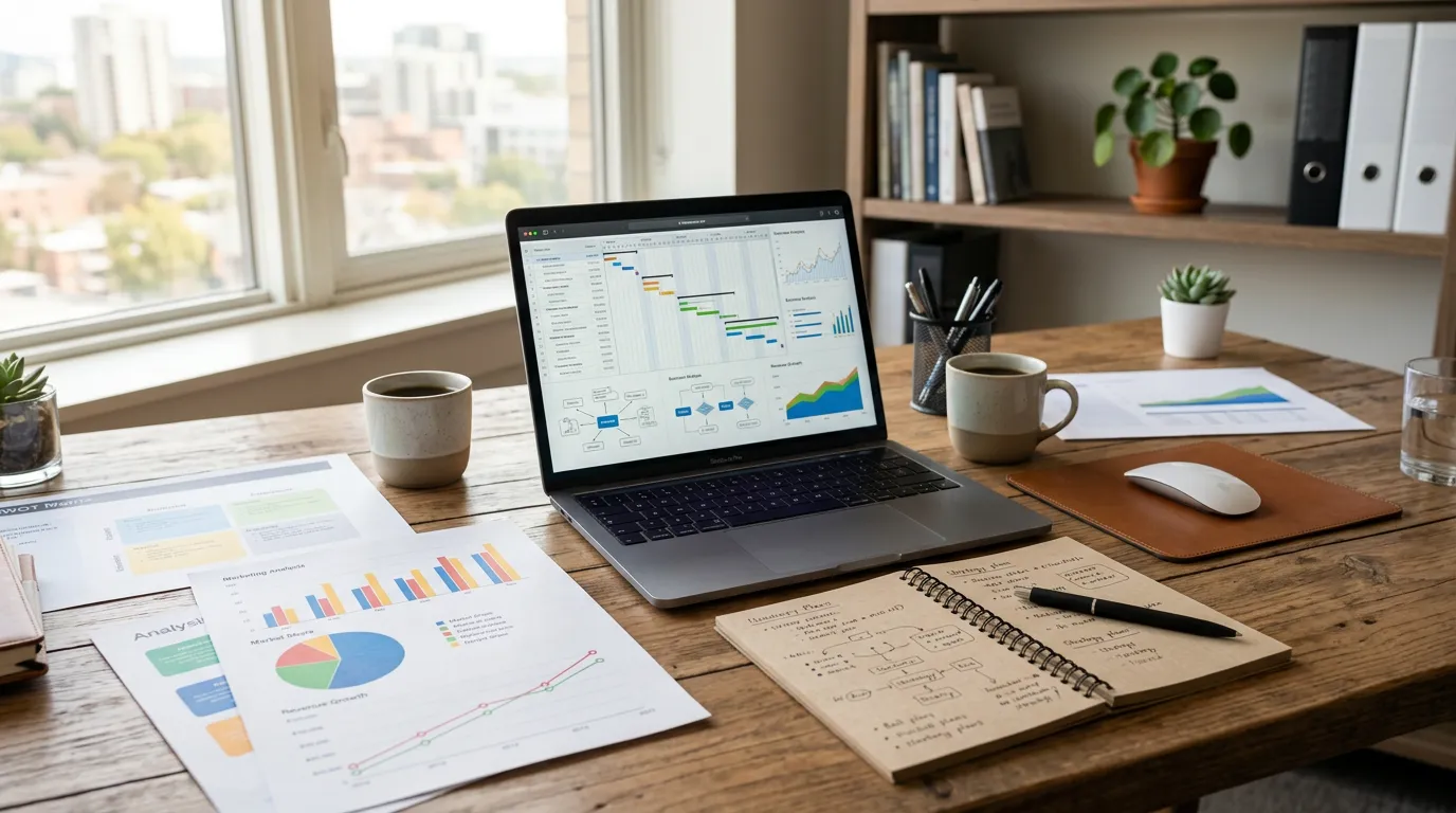 Strategic planning workspace with laptop, notepad showing business strategies, marketing charts on desk, natural sunlight, professional setting