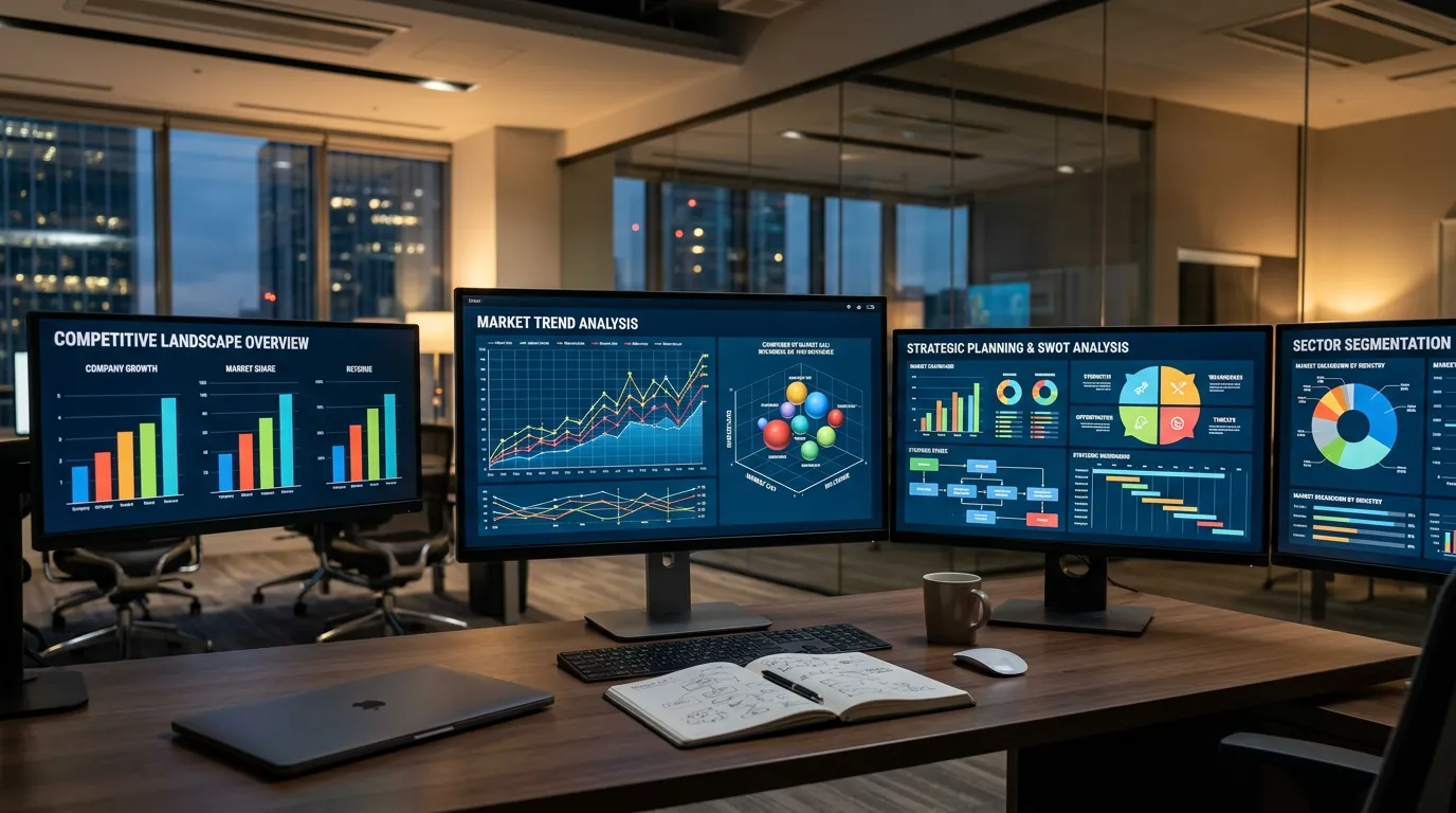 Competitive business landscape visualization showing multiple company websites displayed on screens with market analysis charts and strategic planning documents, modern digital office environment